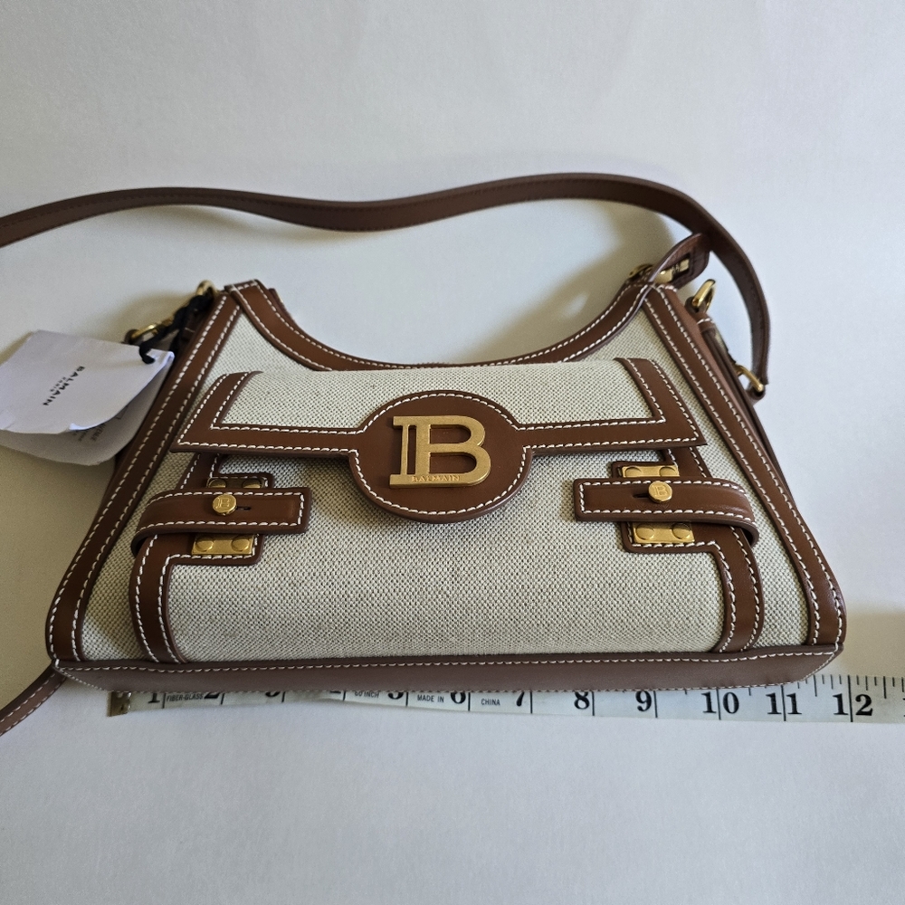Balmain B-Buzz Canvas & Leather Shoulder Bag Natural / Camel - Picture 12 of 14